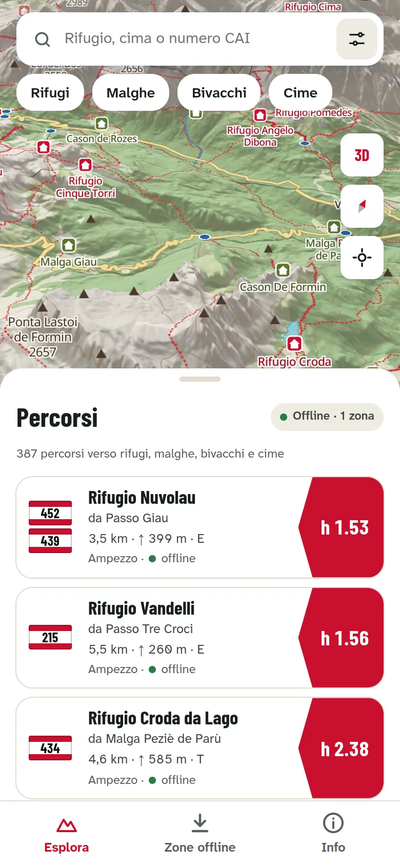 L'elenco dei percorsi sopra la mappa, con la ricerca e i filtri