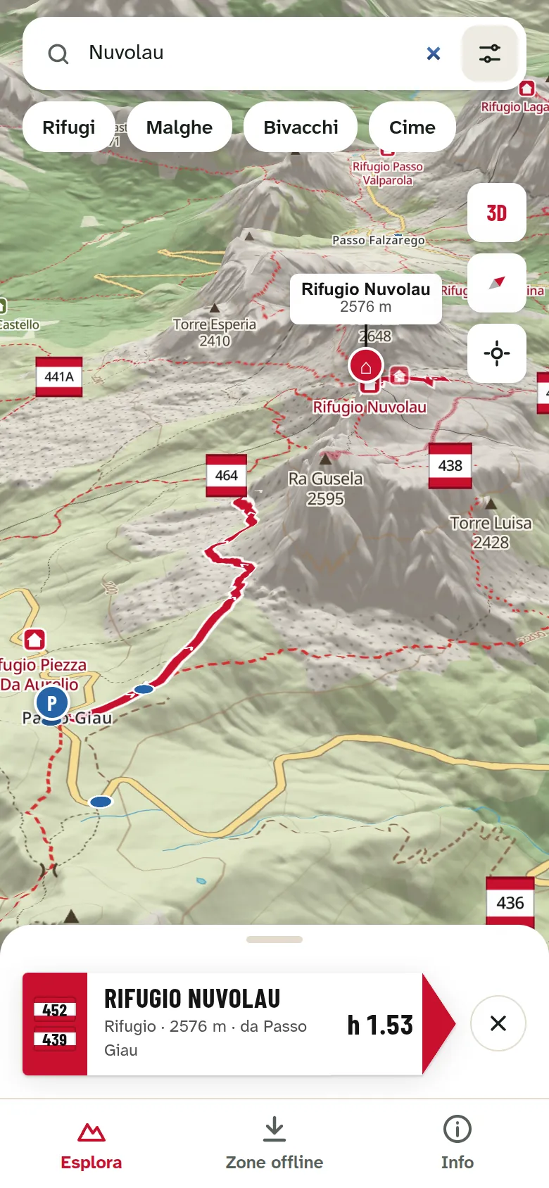 Segnavia sul telefono: il percorso per il Rifugio Nuvolau sul rilievo 3D, con tempi e dislivello